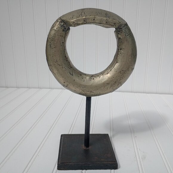 Handcrafted Other - Metal Ring Sculpture on Cast Iron Stand Gilt Distressed Aluminum Wrapped Statue